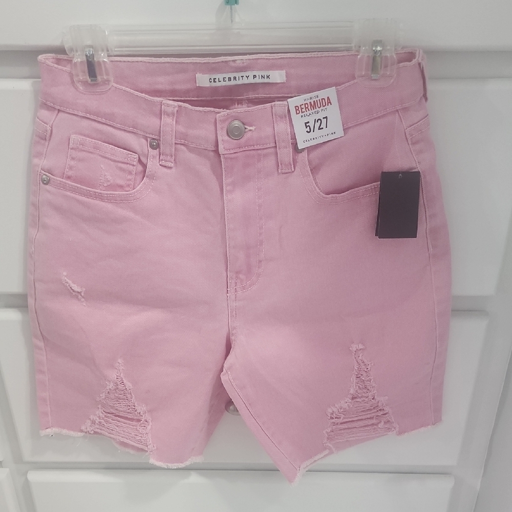 Celebrity Pink High Rise PINK Relaxed Fit Bermuda 7" Denim Shorts 5/27